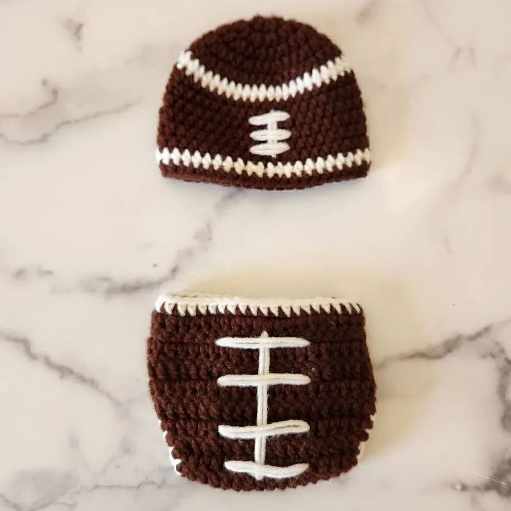 Newborn baby boy handmade brown white football crochet knit beanie diaper cover
